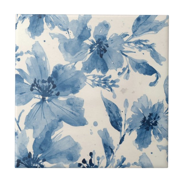 Blaue Aquarell-Blumen Botanisch Whimsical Fliese (Vorderseite)
