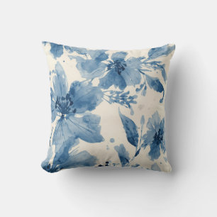 Blaue Aquarell-Blumen Botanisch Whimsical Kissen