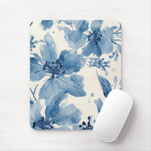 Blaue Aquarell-Blumen Botanisch Whimsical Mousepad (Mit Mouse)