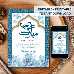 Blaue Aquarell-Blumen-Eid-Mubarak-Karte Feiertagskarte