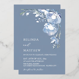 Blaue Aquarell-Blumen Hochzeit im lässigen Stil Folieneinladung