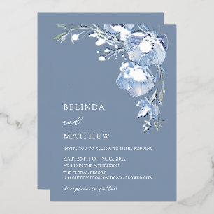 Blaue Aquarell-Blumen Hochzeit im lässigen Stil Folieneinladung