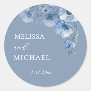 Blaue Aquarell-Blumen Hochzeit Runder Aufkleber