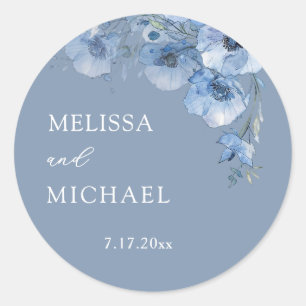 Blaue Aquarell-Blumen Hochzeit Runder Aufkleber