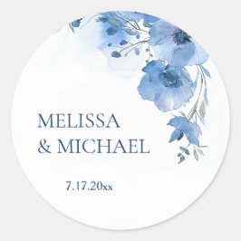 Blaue Aquarell-Blumen-Hochzeit Runder Aufkleber