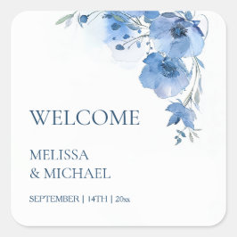 Blaue Aquarell-Blumen Hochzeit Willkommen Quadratischer Aufkleber