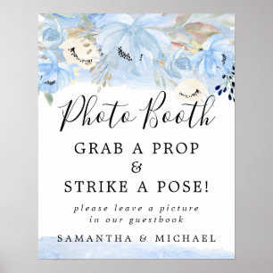 Blaue Aquarell-Blumen-Hochzeits-Fotobooth-Schriftz Poster
