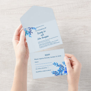 Blaue Aquarell-Blumen-Hochzeitseinladung All In One Einladung