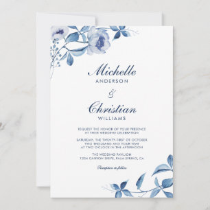 Blaue Aquarell-Blumen-Hochzeitseinladung Einladung
