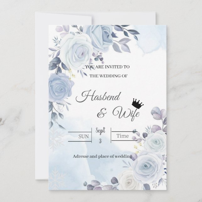Blaue Aquarell-Blumen-Hochzeitseinladung Einladung (Vorderseite)