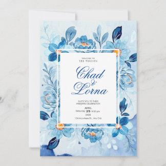 Blaue Aquarell-Blumen Hochzeitseinladungskarte Einladung