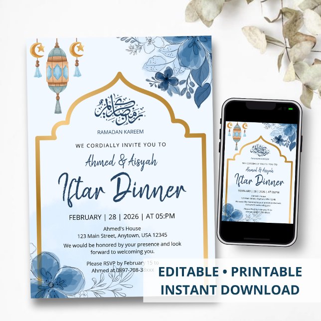 Blaue Aquarell-Blumen-Iftar-Dinner Ramadan Einladung (Von Creator hochgeladen)