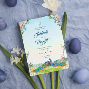 Blaue Aquarell-Blumen-Indische Pfauen-Hochzeit Einladung