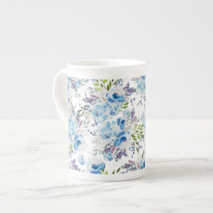 Blaue Aquarell-Blumen nahtloses Muster Prozellantasse
