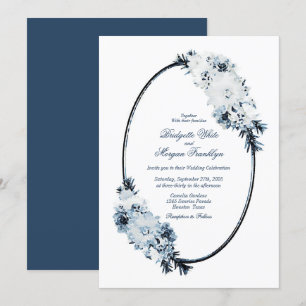 Blaue Aquarell-Blumen-Oval-Hochzeit im Vintage-Sti Einladung