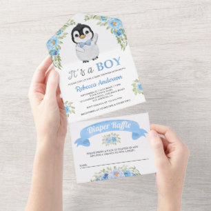 Blaue Aquarell-Blumen-Pinguin-Baby-Party All In One Einladung