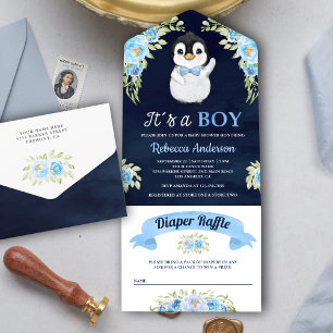 Blaue Aquarell-Blumen-Pinguin-Navy-Baby-Party All In One Einladung