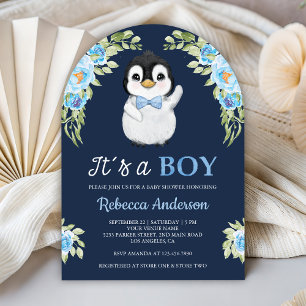Blaue Aquarell-Blumen-Pinguin-Navy-Baby-Party Einladung