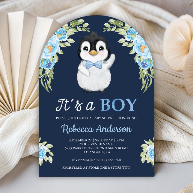 Blaue Aquarell-Blumen-Pinguin Navy Baby Shower Einladung (Von Creator hochgeladen)