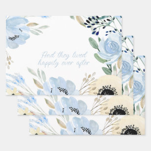 Blaue Aquarell-Blumen Rahmen Personalisiert Geschenkpapier Set