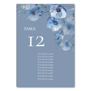 Blaue Aquarell-Blumen Sitzordnung Tischnummer