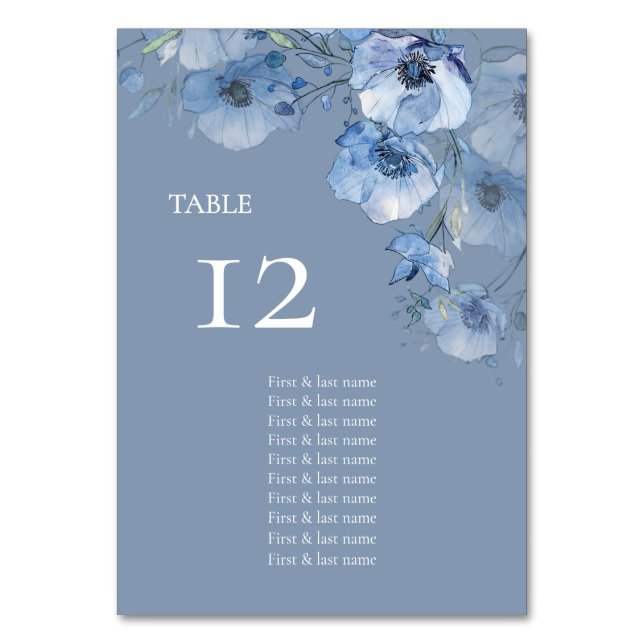 Blaue Aquarell-Blumen Sitzordnung Tischnummer (Vorderseite)