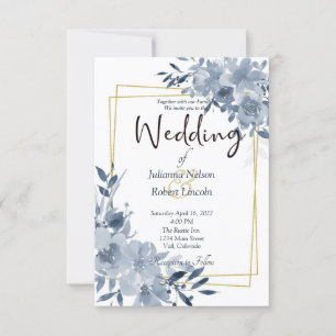 Blaue Aquarell-Blumen und goldene Rahmen-Hochzeits Einladung