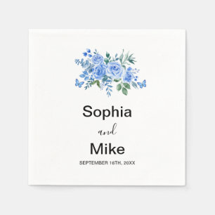 Blaue Aquarell-Blumen- und Schmetterlings-Hochzeit Serviette