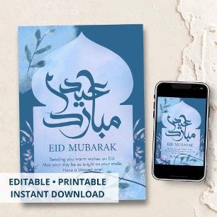 Blaue Aquarell-Blumenbogen-Eid-Mubarak-Karte Feiertagskarte
