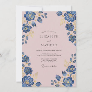 Blaue Aquarell-Blumenbogen-Hochzeit Einladung