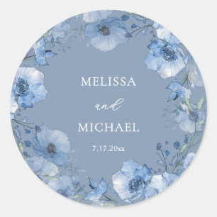 Blaue Aquarell-Blumenkranz-Hochzeit Runder Aufkleber