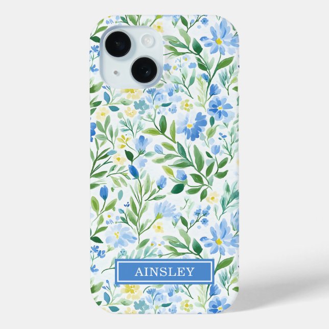 Blaue Aquarell-Blumenmonogramm Case-Mate iPhone Hülle (Rückseite)