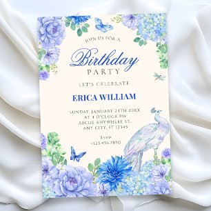 Blaue Aquarell-Blüten-Pfau-Geburtstag Einladung