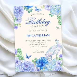 Blaue Aquarell-Blüten-Pfau-Geburtstag Einladung