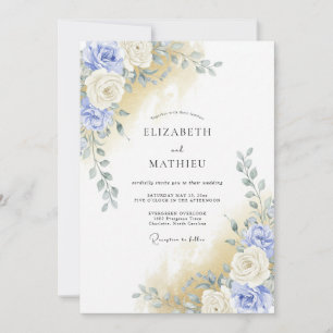 Blaue Aquarell-Blüten-Romanze Hochzeit Einladung