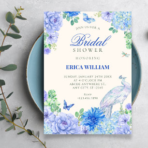 Blaue Aquarell-Blütenblüte Pfauen-Brautparty Einladung