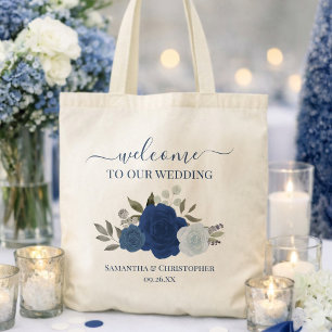 Blaue Aquarell-Boho-Rosen Elegante Hochzeitsbegrüß Tragetasche