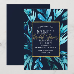 Blaue Aquarell-Botanik-Glamour-Brautparty Einladung