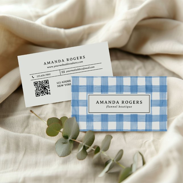 Blaue Aquarell-Büffel-Karo-QR-CODE-Flanell Visitenkarte (Von Creator hochgeladen)