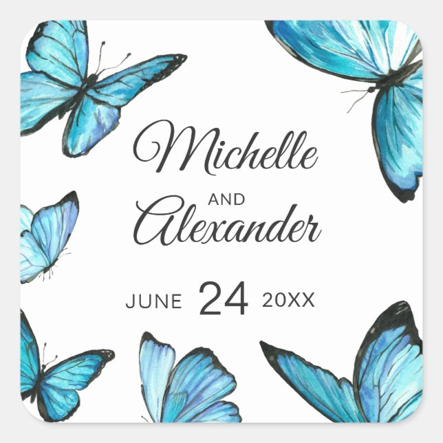 Blaue Aquarell-Butterfett Monogramm Klassischer Au Quadratischer Aufkleber (Vorderseite)