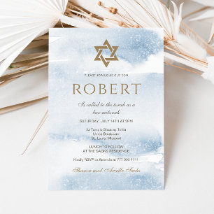 Blaue Aquarell-Einladung zur Bar Mitzvah Goldene Einladung