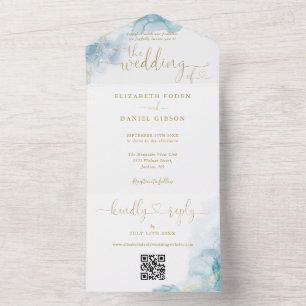 Blaue Aquarell-Gold-Schrift-Herzen QR-Code-Hochzei All In One Einladung