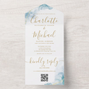 Blaue Aquarell-Gold-Schrift-QR-Code-Hochzeit All In One Einladung