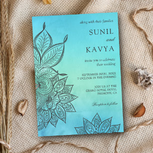 Blaue Aquarell-Henna-Indische-Hochzeitseinladung Einladung