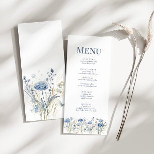 Blaue Aquarell-Hochzeitsmenükarte mit Wildblumen-G Menükarte