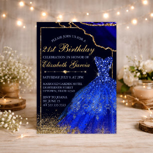 Blaue Aquarell-Kleid & Achat 21. Geburtstag Einladung