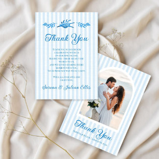 Blaue Aquarell-Küstenstreifen-Foto-Hochzeit Dankeskarte