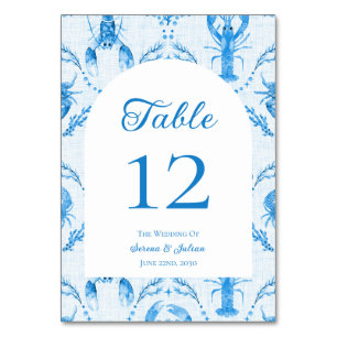 Blaue Aquarell-Languste-Krabben-Ogee-Hochzeitsboge Tischnummer