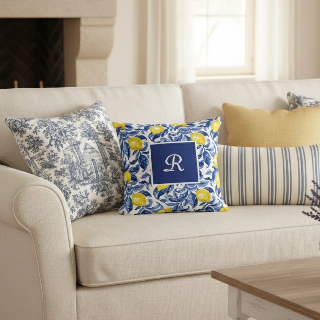 Blaue Aquarell-Limonen-Muster-Monogramm Kissen (Von Creator hochgeladen)