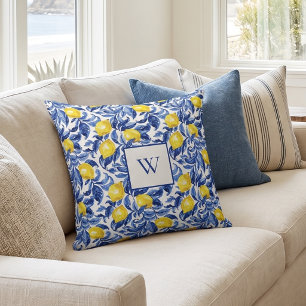 Blaue Aquarell-Limonen-Muster-Monogramm Kissen